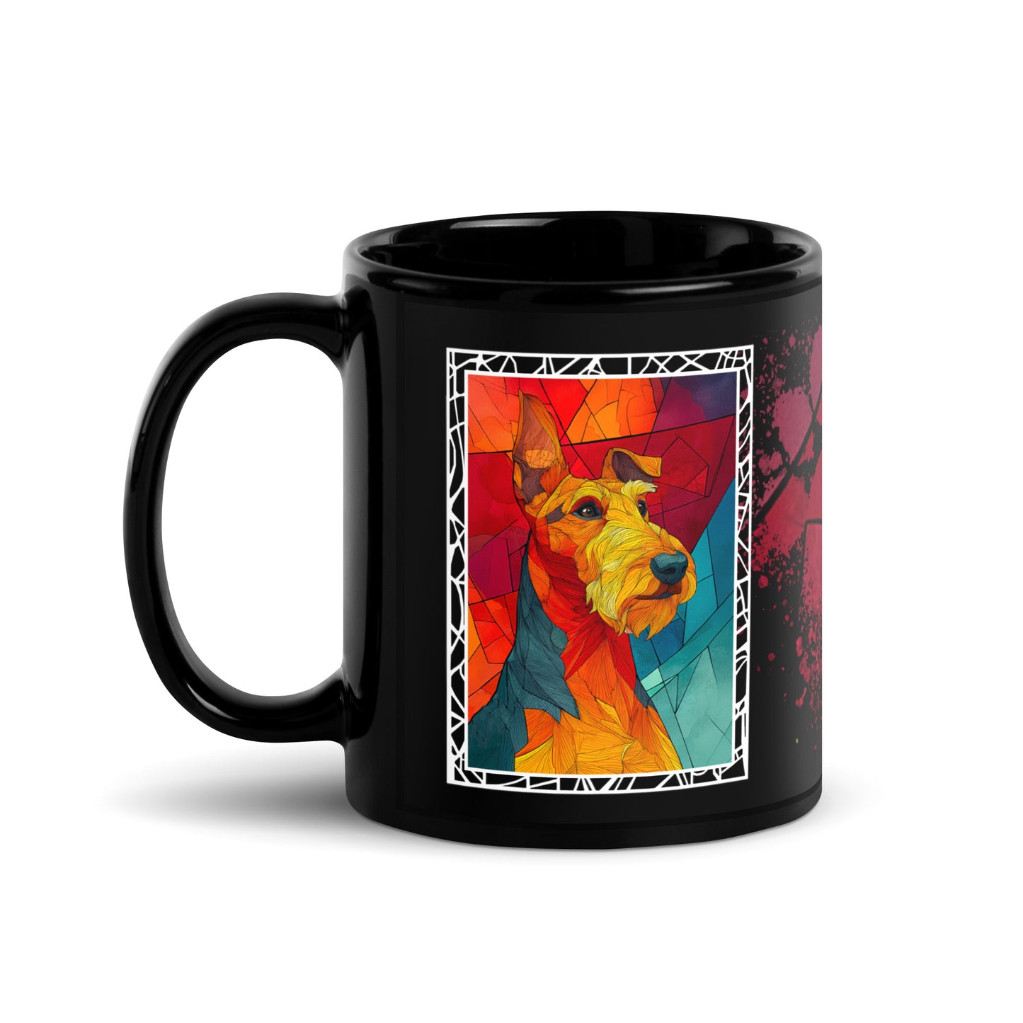 Stay Pawsitive text with image of a Fox Terrier dog on stained glass style background with colorful paw prints on a black ceramic mug 11 oz — handle on left