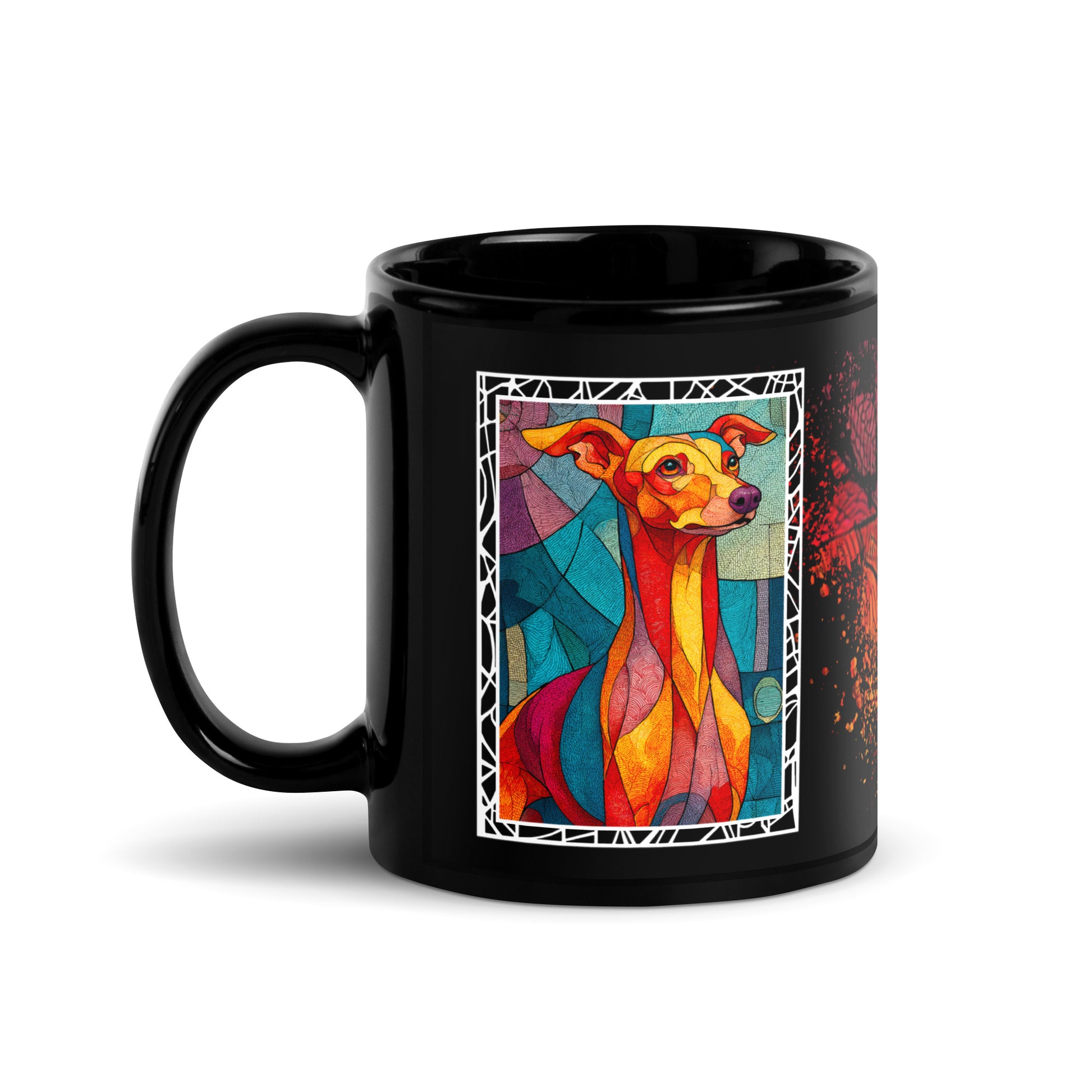 Stay Pawsitive text with image of a Greyhound dog on stained glass style background with colorful paw prints on a black ceramic mug 11 oz — handle on left