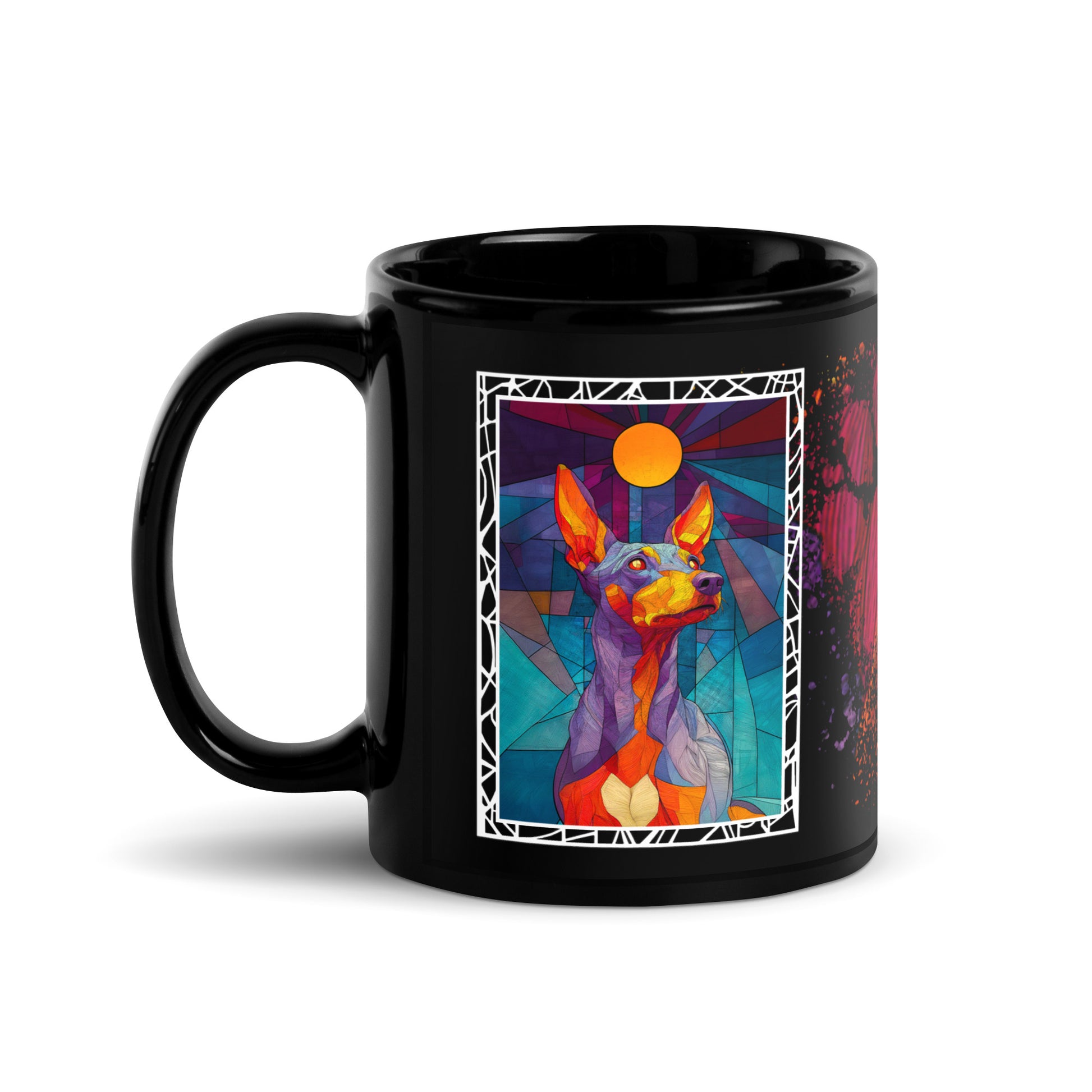Stay Pawsitive text with image of a Miniature Pinscher dog on stained glass style background with colorful paw prints on a black ceramic mug 11 oz — handle on left