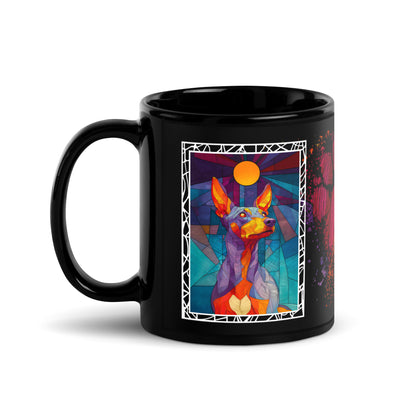 Stay Pawsitive text with image of a Miniature Pinscher dog on stained glass style background with colorful paw prints on a black ceramic mug 11 oz — handle on left