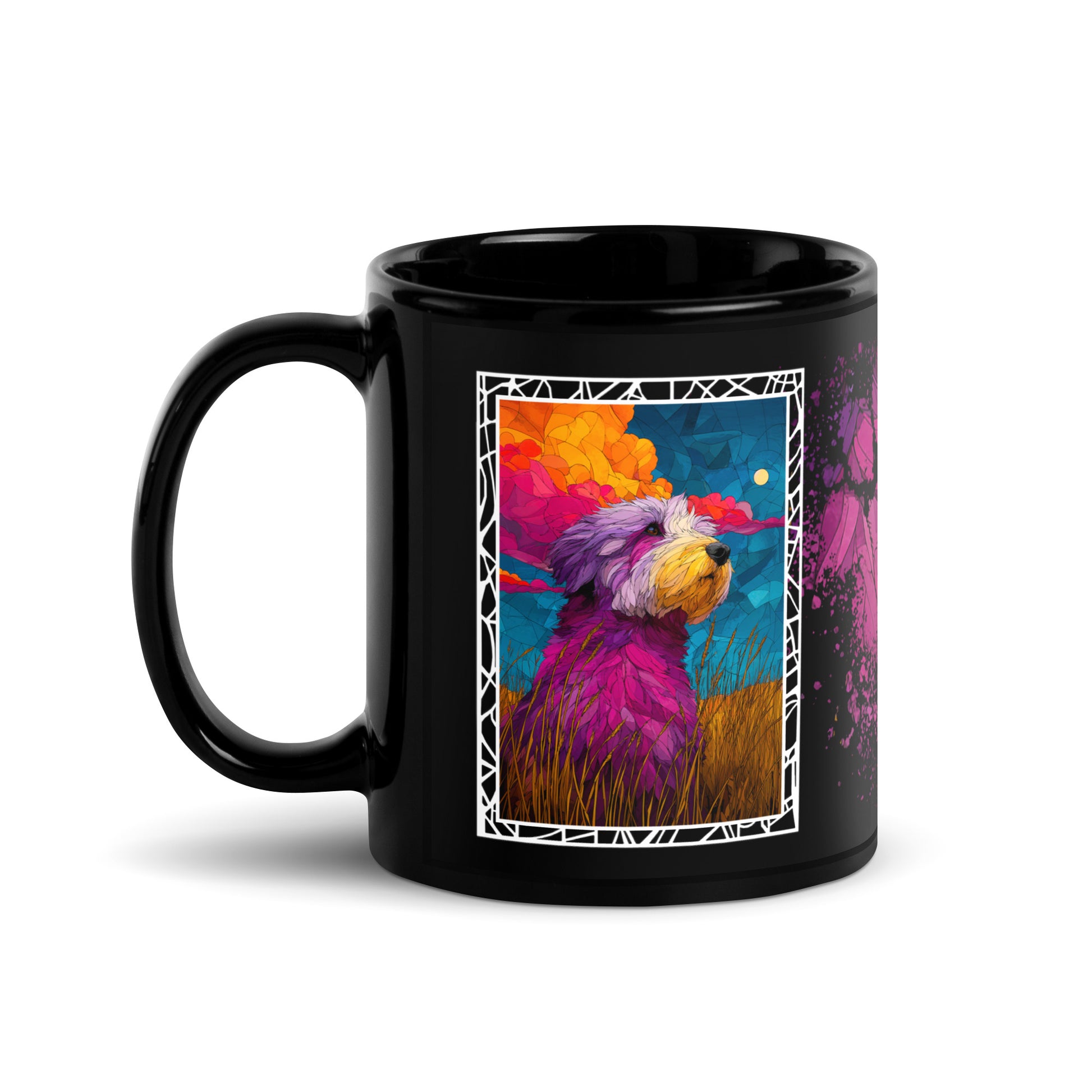 Stay Pawsitive text with image of a Old English Sheepdog dog on stained glass style background with colorful paw prints on a black ceramic mug 11 oz — handle on left
