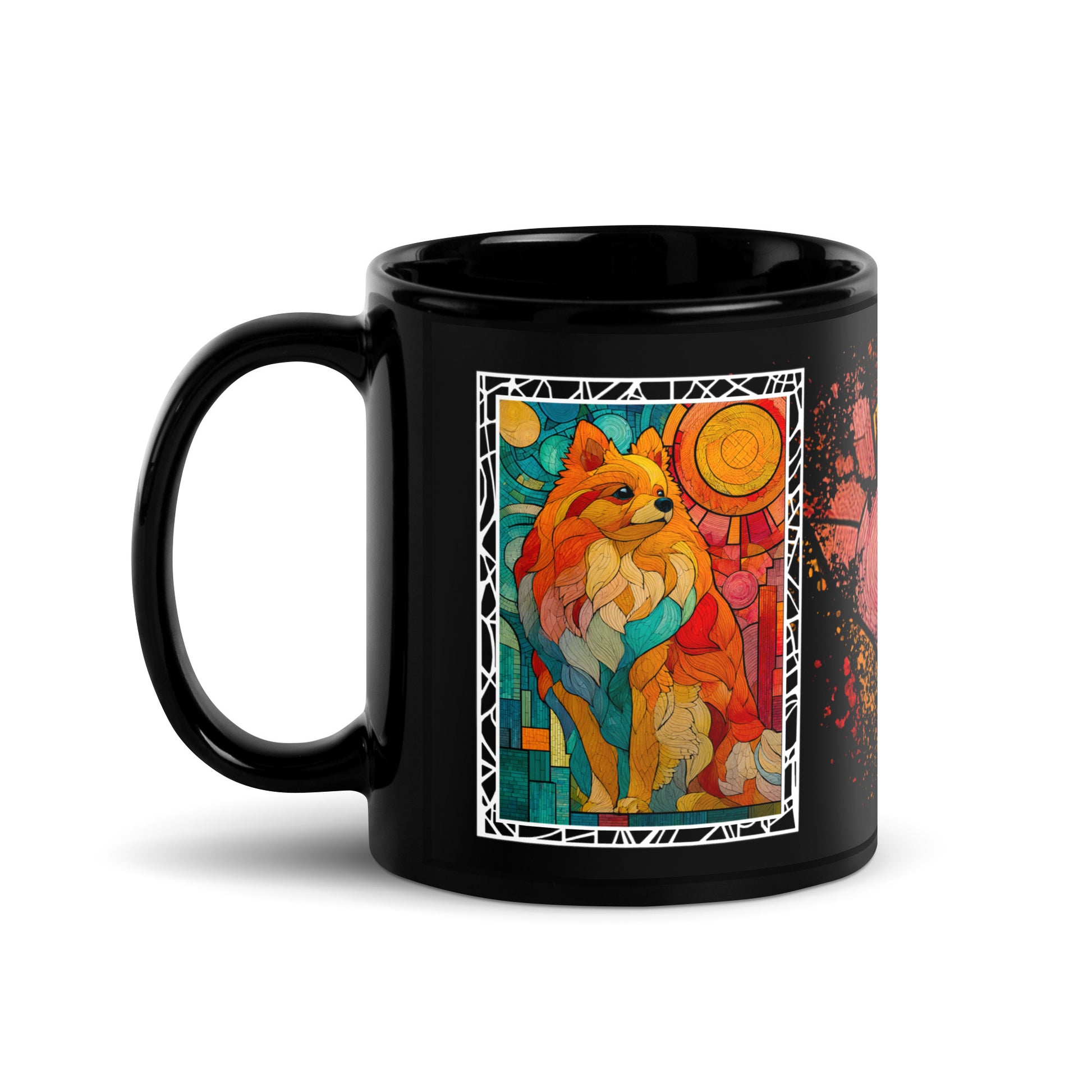 Stay Pawsitive text with image of a Pomeranian dog on stained glass style background with colorful paw prints on a black ceramic mug 11 oz — handle on left
