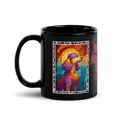 Stay Pawsitive text with image of a Poodle dog on stained glass style background with colorful paw prints on a black ceramic mug 11 oz — handle on left