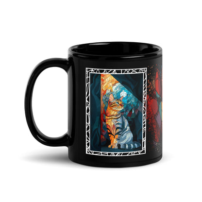Purrr & Pour text with image of an American Shorthair cat on stained glass style background with colorful paw prints on a black ceramic mug 11 oz — handle on left