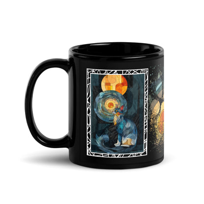 Purrr & Pour text with image of a Tuxedo cat on stained glass style background with colorful paw prints on a black ceramic mug 11 oz — handle on left