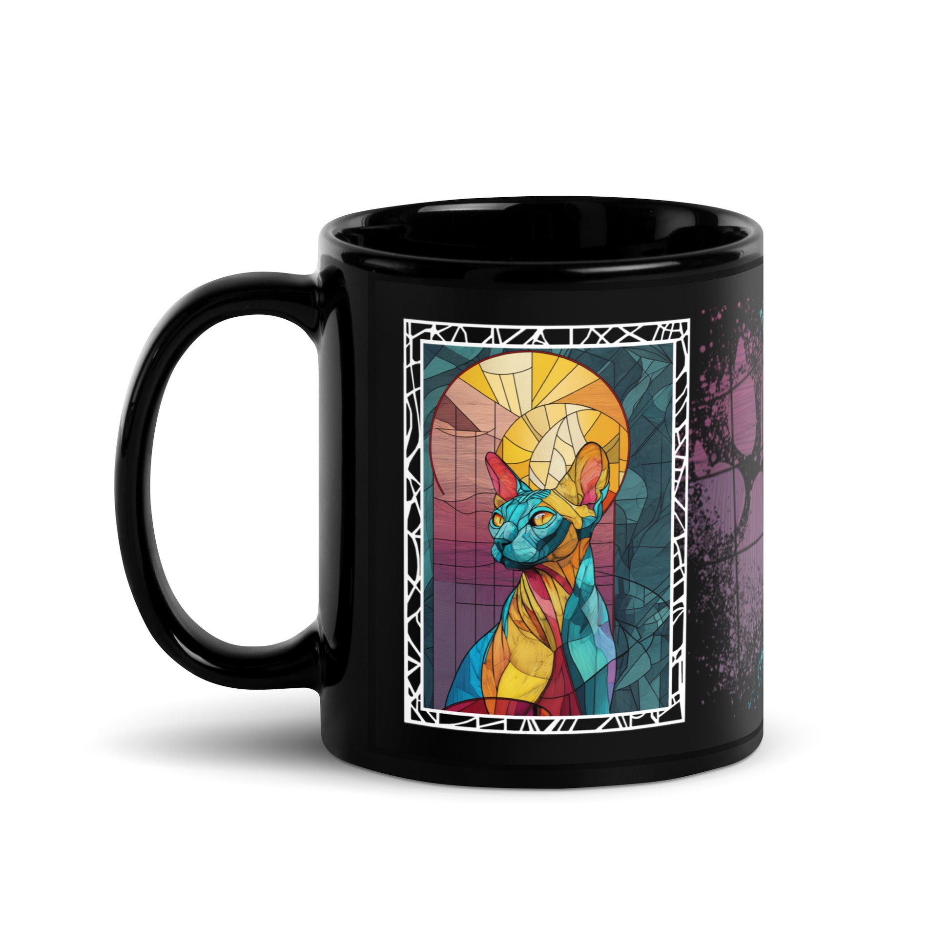 Purrr & Pour text with image of a Sphynx cat on stained glass style background with colorful paw prints on a black ceramic mug 11 oz — handle on left