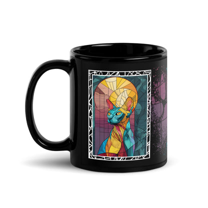 Purrr & Pour text with image of a Sphynx cat on stained glass style background with colorful paw prints on a black ceramic mug 11 oz — handle on left