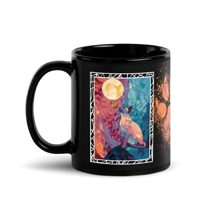Purrr & Pour text with image of a Siamese cat on stained glass style background with colorful paw prints on a black ceramic mug 11 oz — handle on left