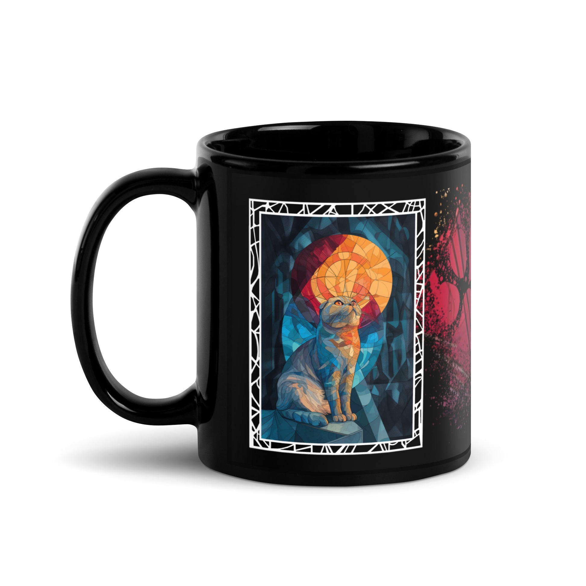 Purrr & Pour text with image of a Scottish Fold cat on stained glass style background with colorful paw prints on a black ceramic mug 11 oz — handle on left