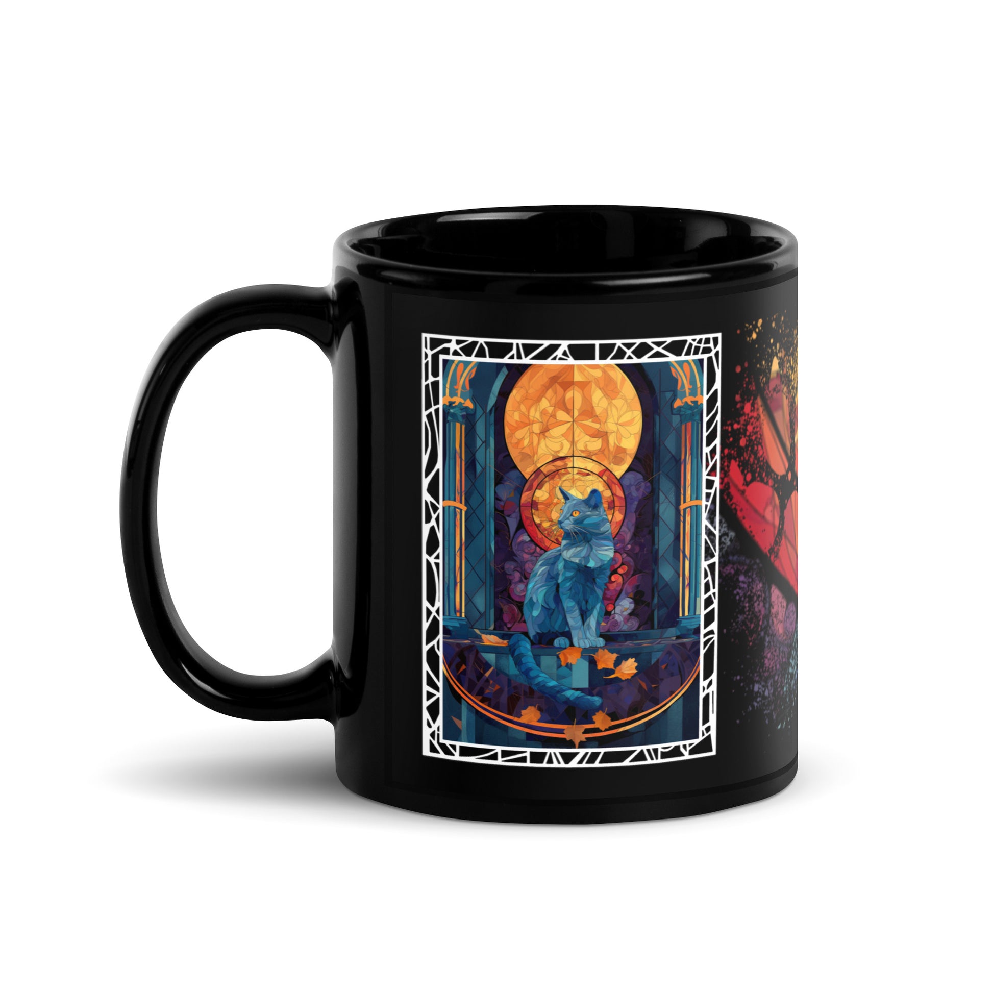 Purrr & Pour text with image of a Russian Blue cat on stained glass style background with colorful paw prints on a black ceramic mug 11 oz — handle on left