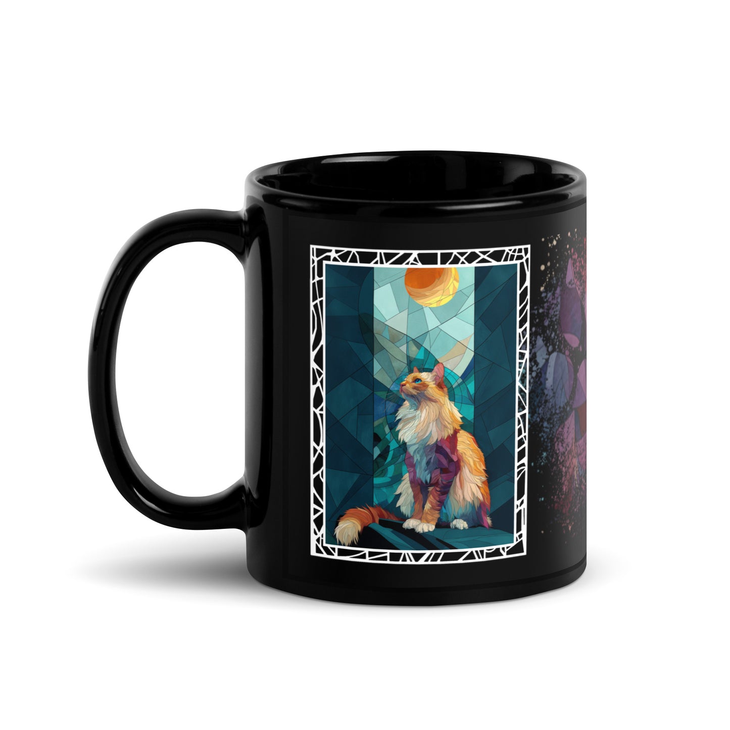 Purrr & Pour text with image of a Ragdoll  cat on stained glass style background with colorful paw prints on a black ceramic mug 11 oz — handle on left