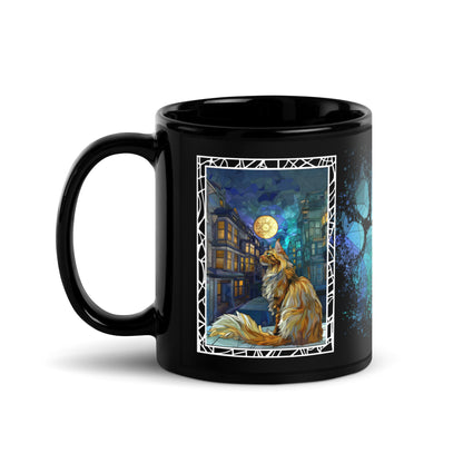 Purrr & Pour text with image of a Maine Coon cat on stained glass style background with colorful paw prints on a black ceramic mug 11 oz — handle on left