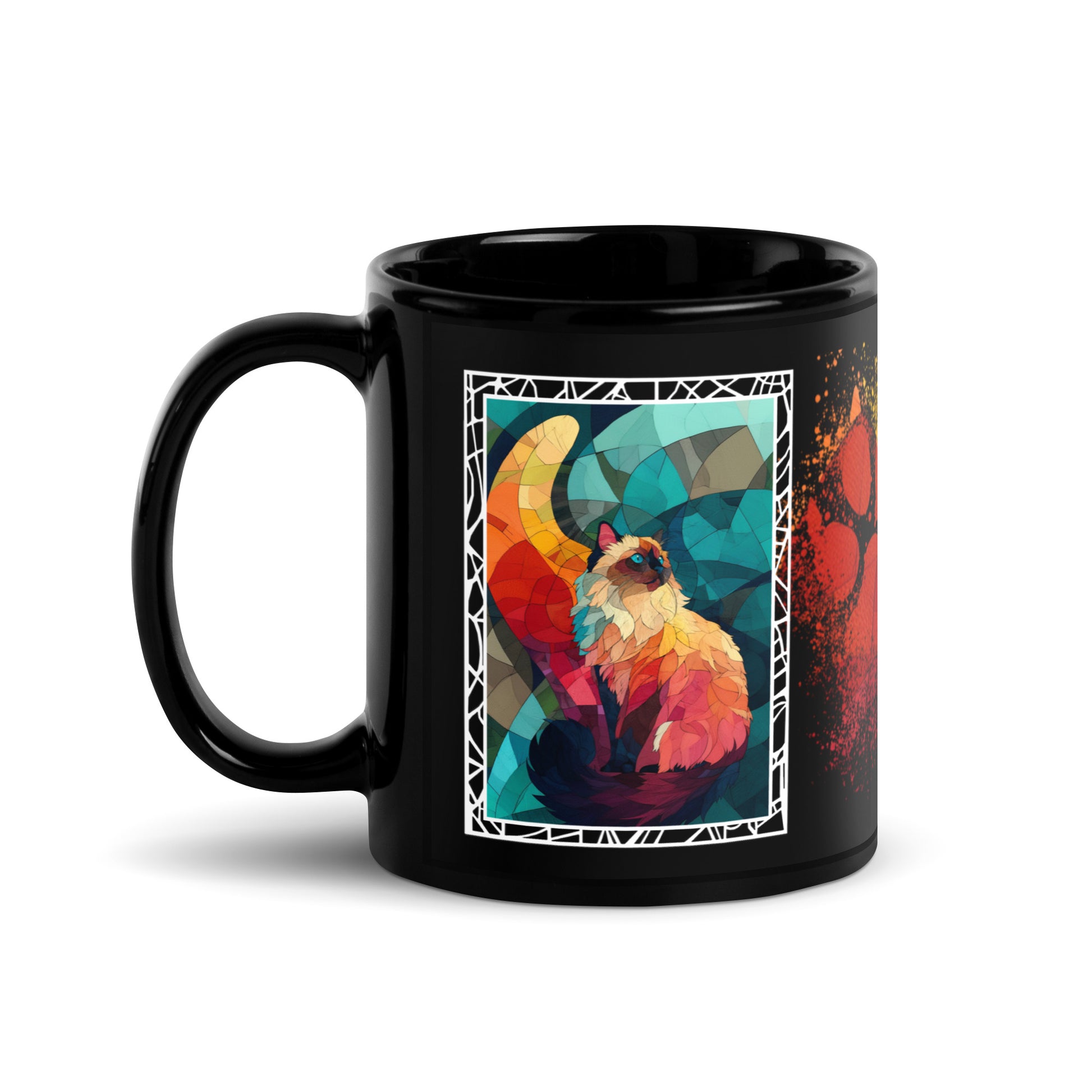 Purrr & Pour text with image of a Himalayan cat on stained glass style background with colorful paw prints on a black ceramic mug 11 oz — handle on left