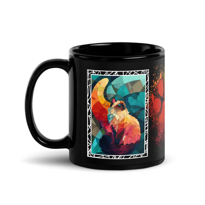 Purrr & Pour text with image of a Himalayan cat on stained glass style background with colorful paw prints on a black ceramic mug 11 oz — handle on left