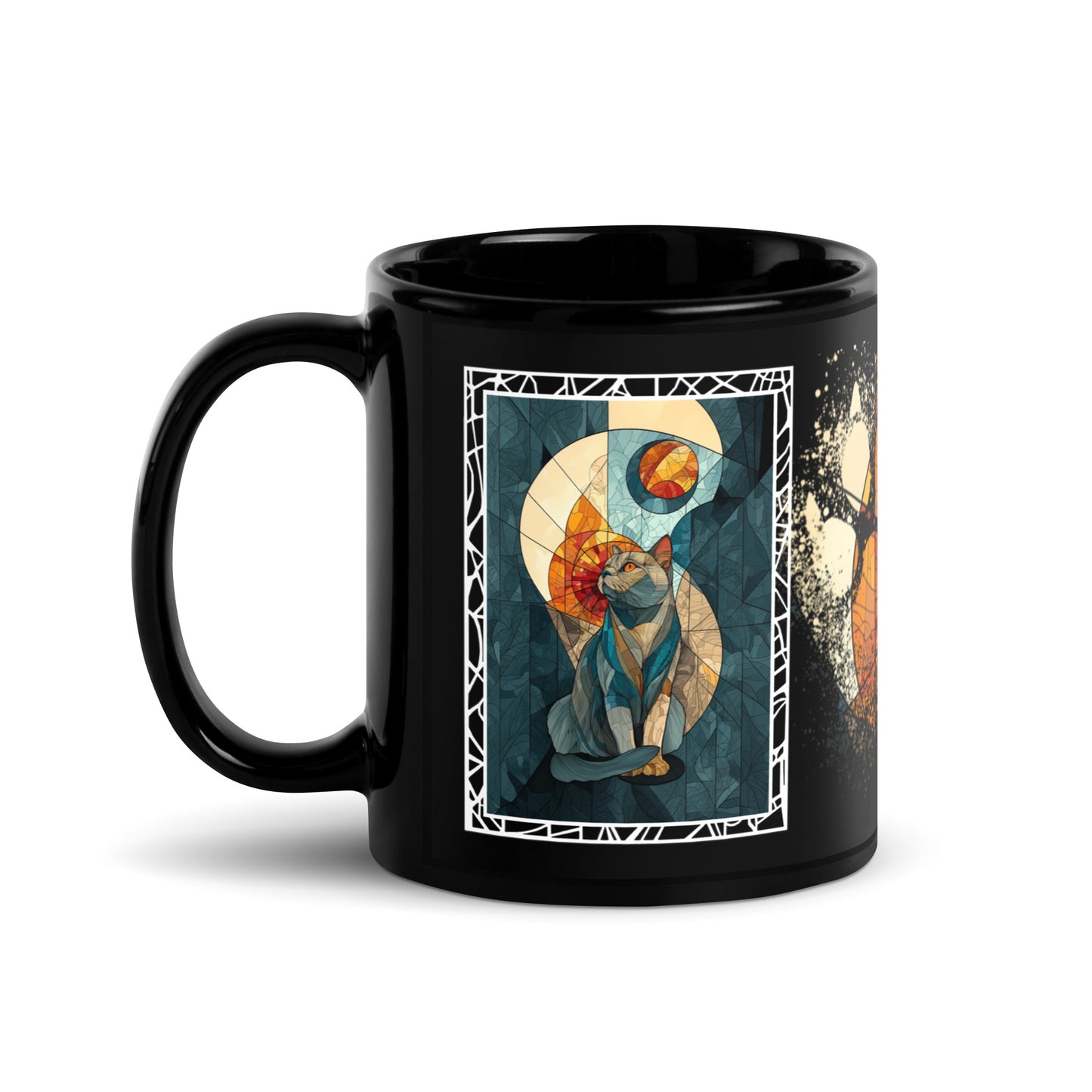 Purrr & Pour text with image of a British Shorthair cat on stained glass style background with colorful paw prints on a black ceramic mug 11 oz — handle on left