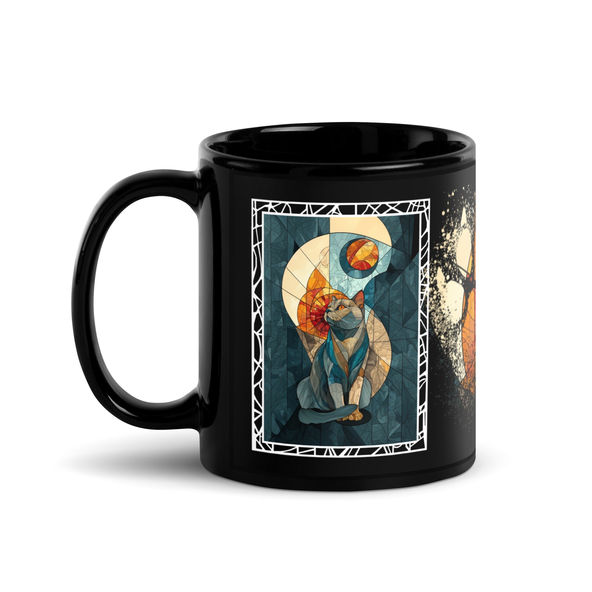 Purrr & Pour text with image of a British Shorthair cat on stained glass style background with colorful paw prints on a black ceramic mug 11 oz — handle on left