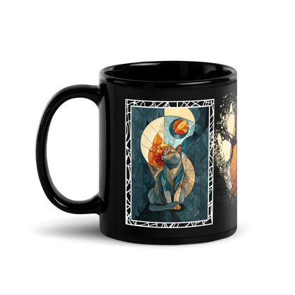 Purrr & Pour text with image of a British Shorthair cat on stained glass style background with colorful paw prints on a black ceramic mug 11 oz — handle on left