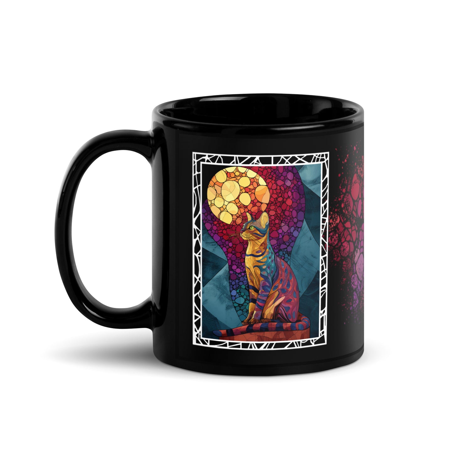 Purrr & Pour text with image of a Bengal cat on stained glass style background with colorful paw prints on a black ceramic mug 11 oz — handle on left