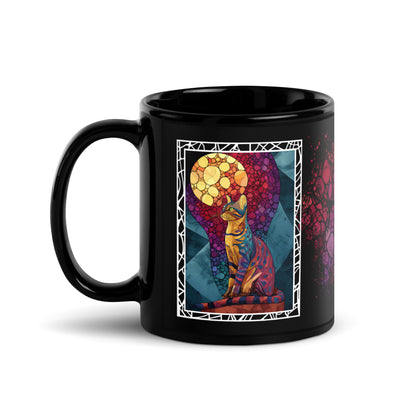Purrr & Pour text with image of a Bengal cat on stained glass style background with colorful paw prints on a black ceramic mug 11 oz — handle on left