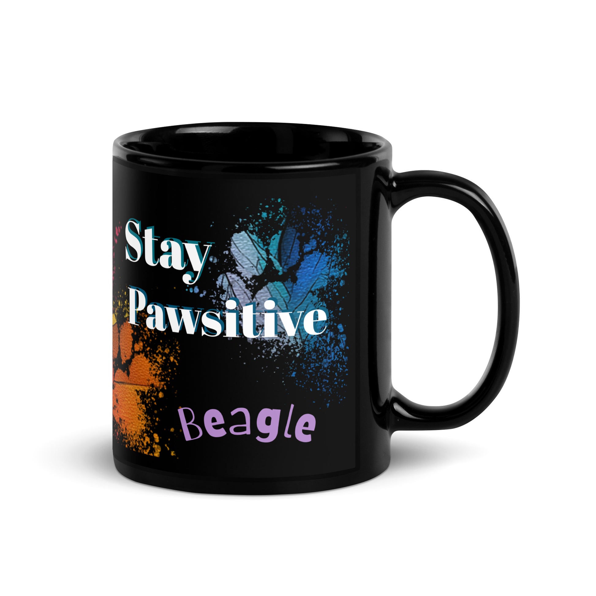 Stay Pawsitive text with image of a Beagle dog on stained glass style background with colorful paw prints on a black ceramic mug 11 oz — handle on right