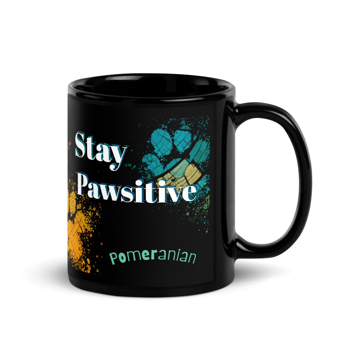 Stay Pawsitive text with image of a Pomeranian dog on stained glass style background with colorful paw prints on a black ceramic mug 11 oz — handle on right