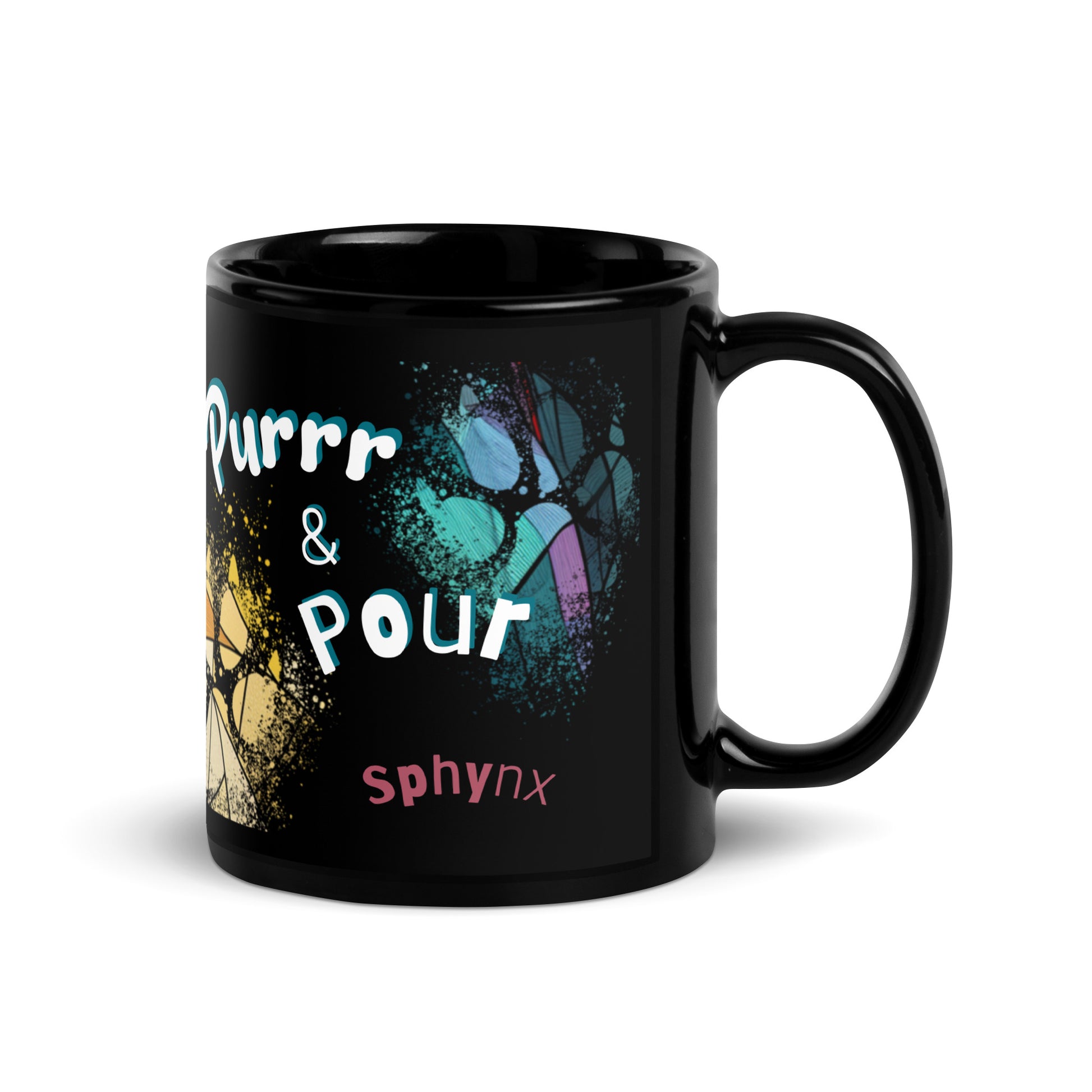 Purrr & Pour text with image of a Sphynx cat on stained glass style background with colorful paw prints on a black ceramic mug 11 oz — handle on right