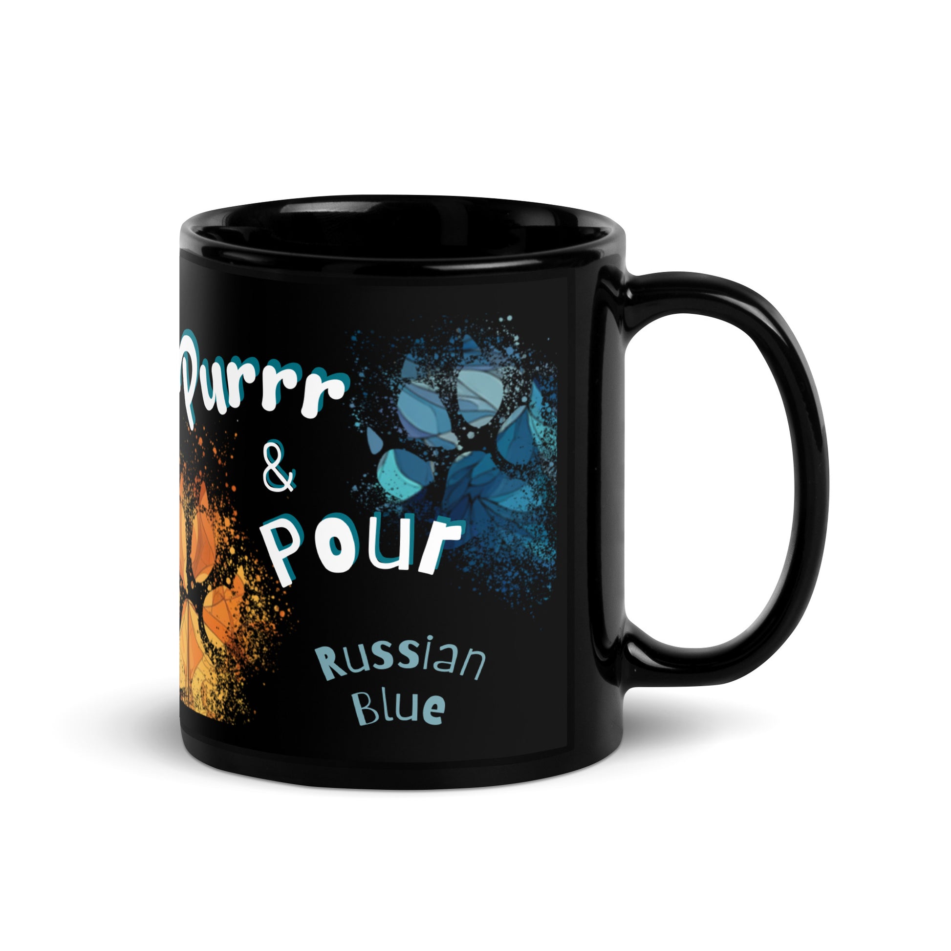 Purrr & Pour text with image of a Russian Blue cat on stained glass style background with colorful paw prints on a black ceramic mug 11 oz — handle on right