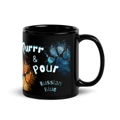 Purrr & Pour text with image of a Russian Blue cat on stained glass style background with colorful paw prints on a black ceramic mug 11 oz — handle on right