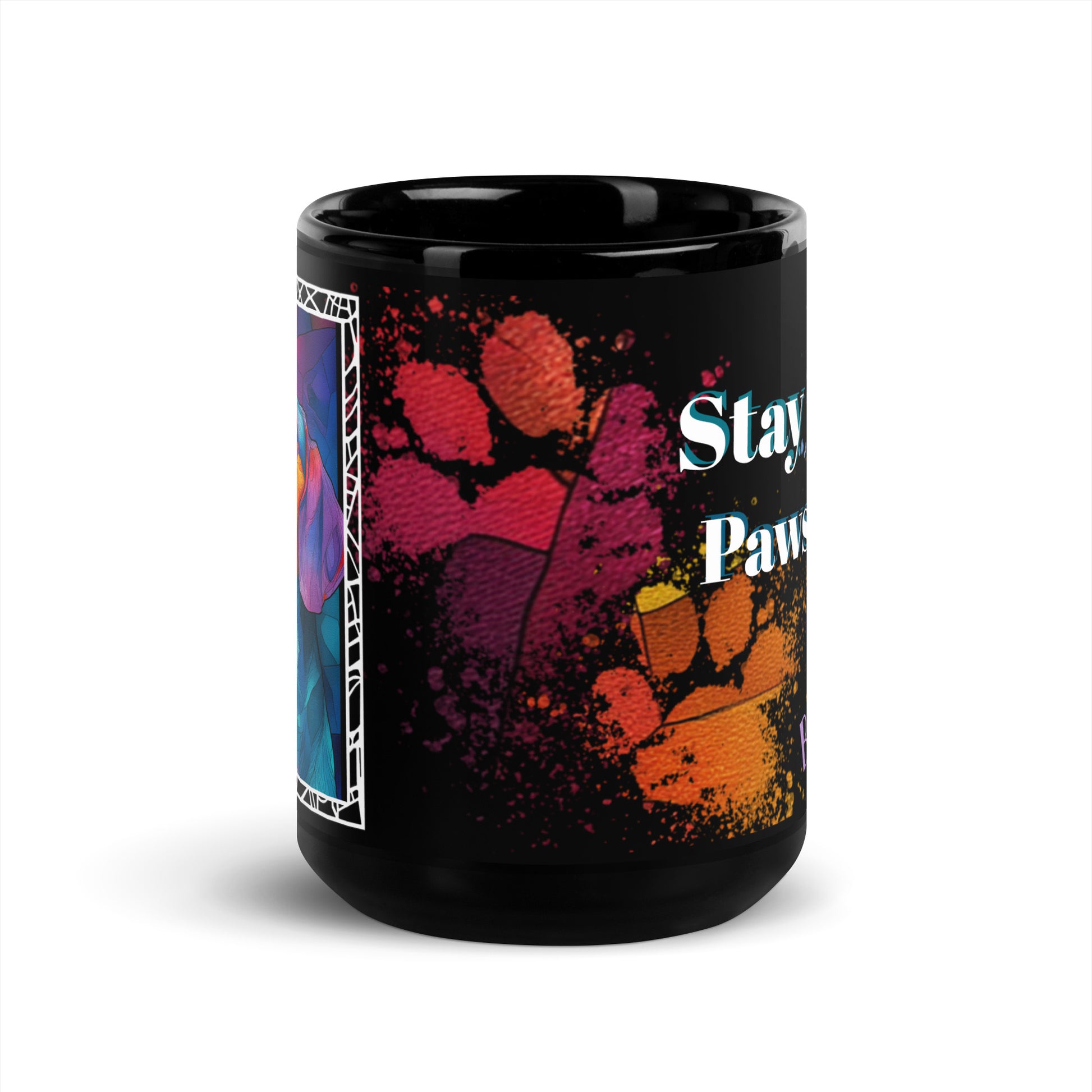 Stay Pawsitive text with image of a Beagle dog on stained glass style background with colorful paw prints on a black ceramic mug 15 oz — front view