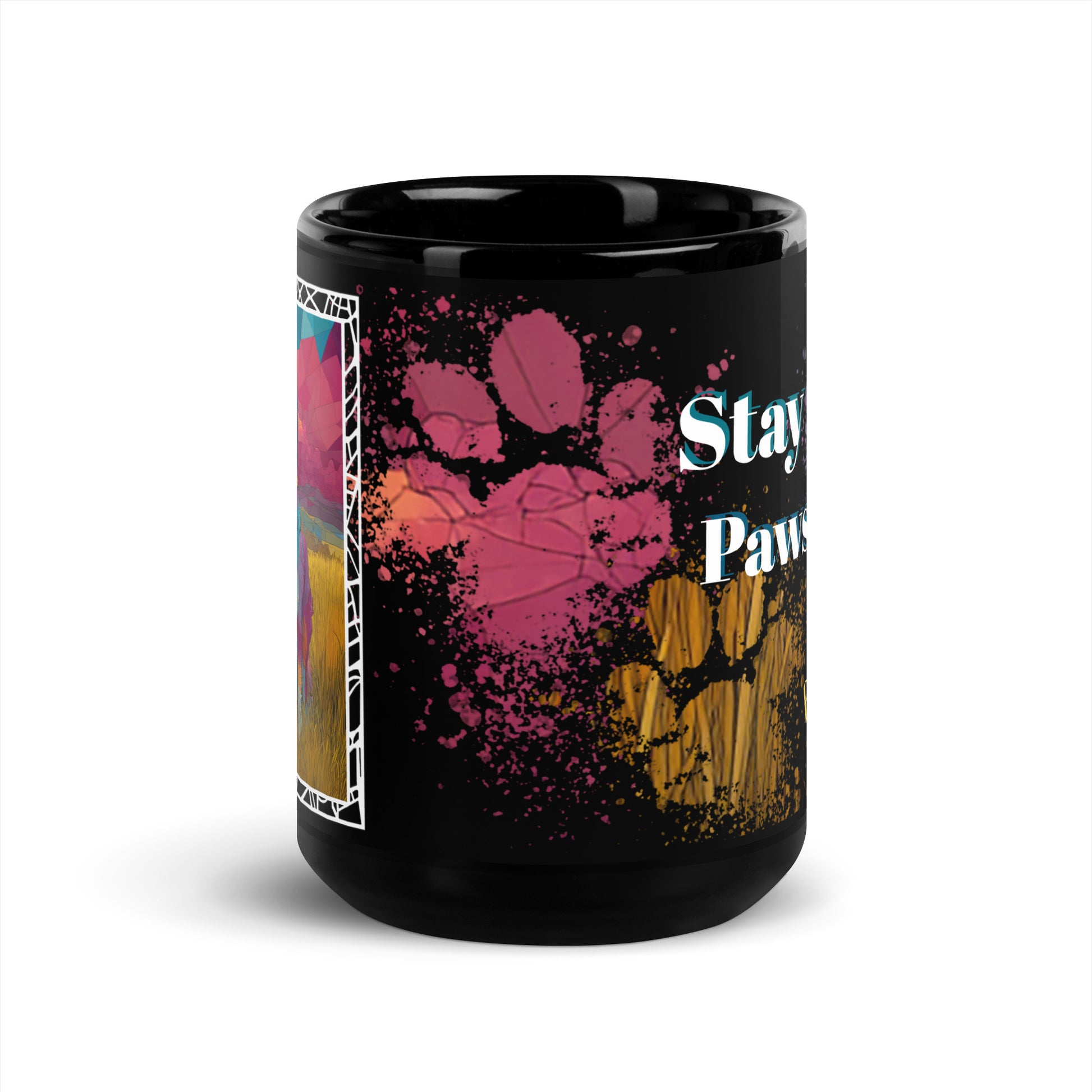 Stay Pawsitive text with image of a Border Collie dog on stained glass style background with colorful paw prints on a black ceramic mug 15 oz — front view