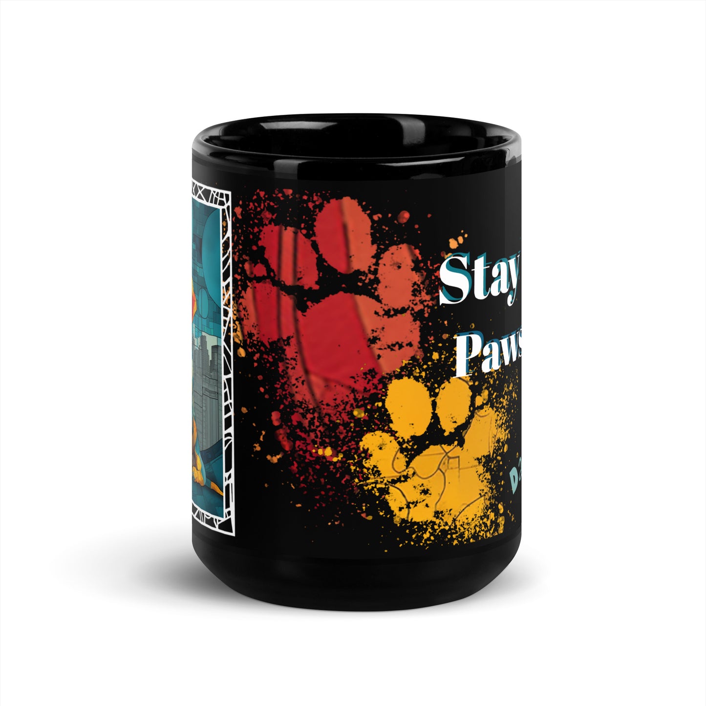 Stay Pawsitive text with image of a Dachshund dog on stained glass style background with colorful paw prints on a black ceramic mug 15 oz — front view