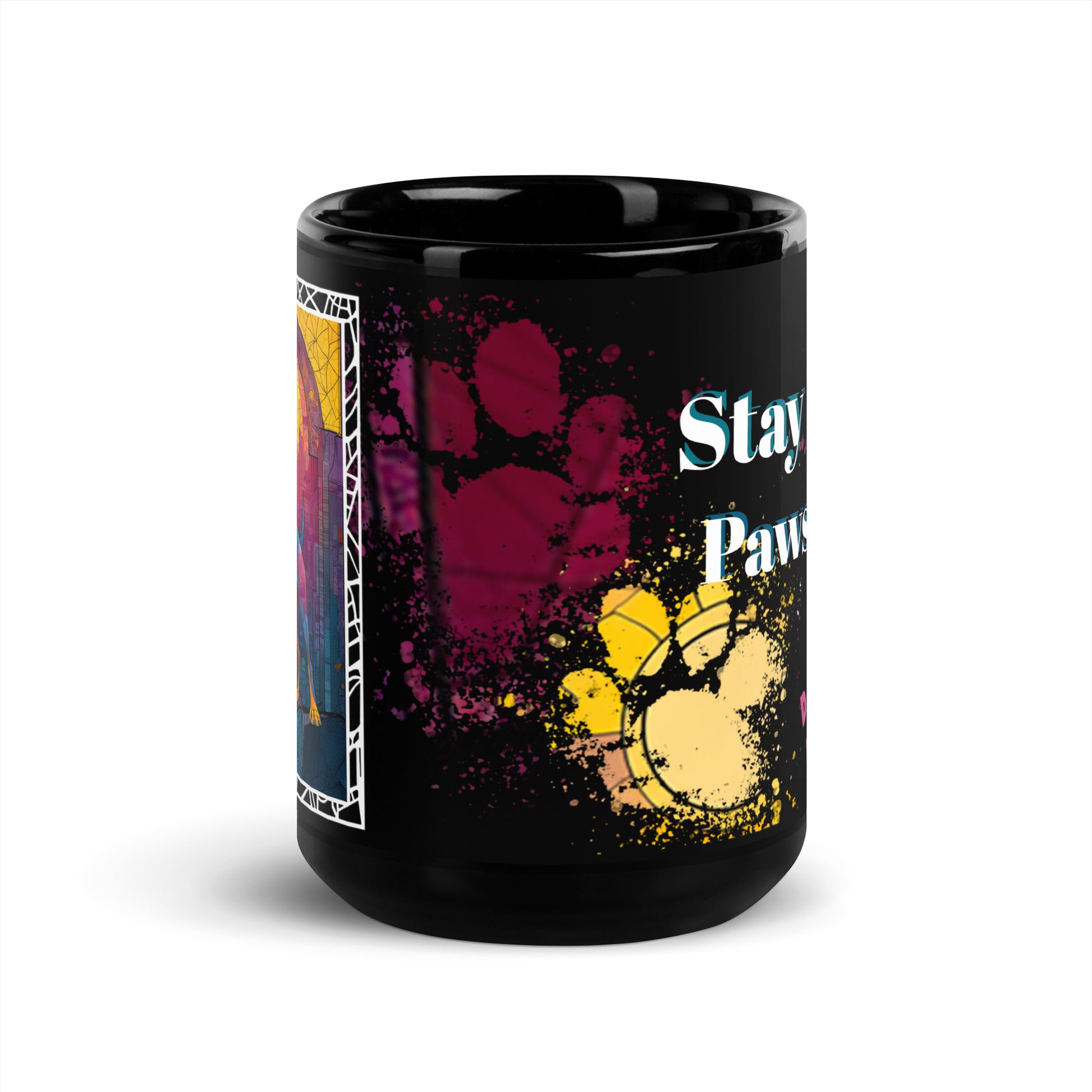 Stay Pawsitive text with image of a Doberman Pinscher dog on stained glass style background with colorful paw prints on a black ceramic mug 15 oz — front view