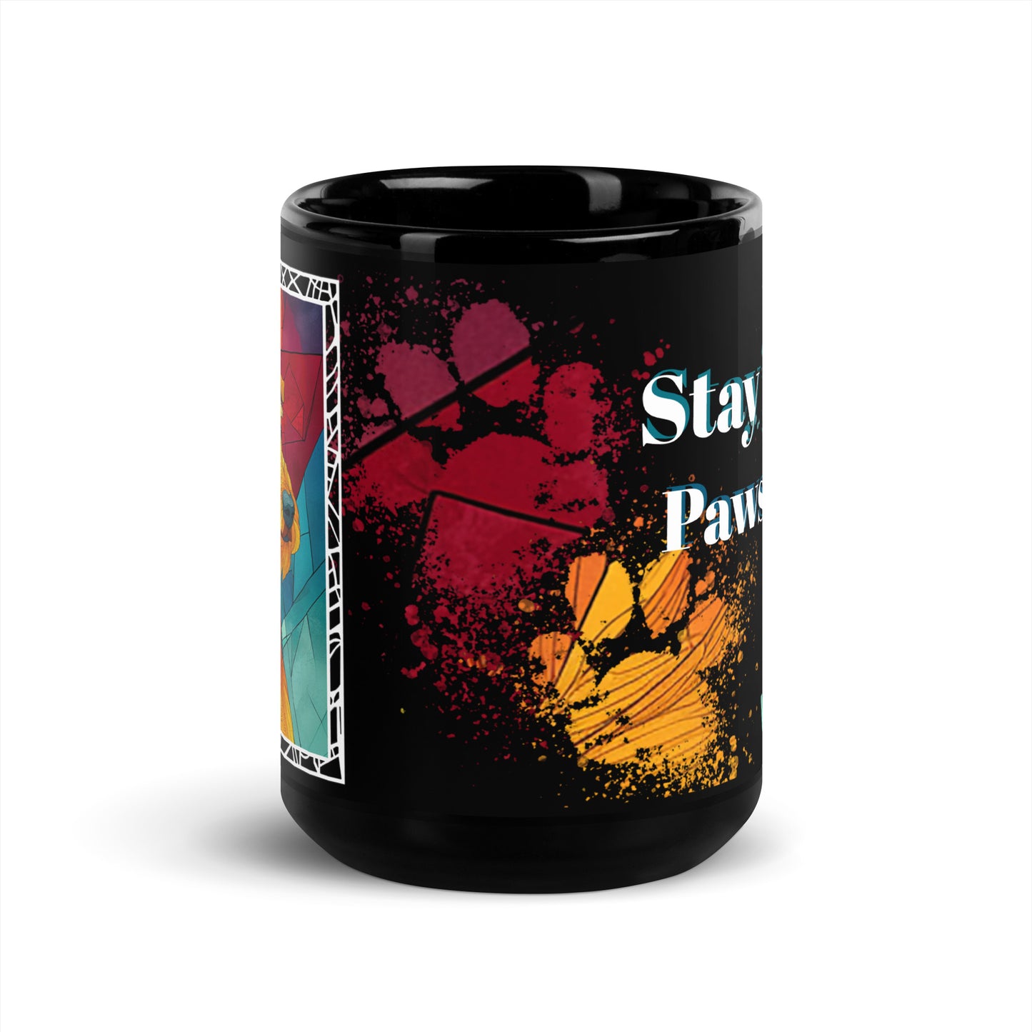 Stay Pawsitive text with image of a Fox Terrier dog on stained glass style background with colorful paw prints on a black ceramic mug 15 oz — front view
