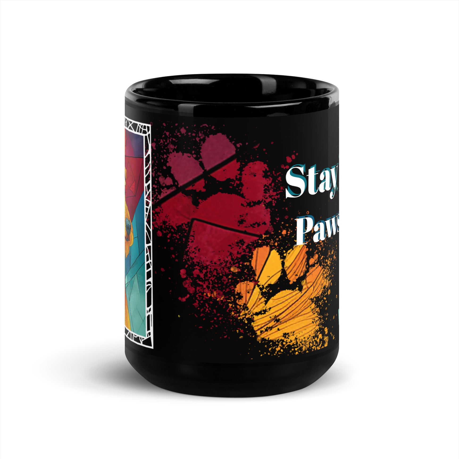 Stay Pawsitive text with image of a Fox Terrier dog on stained glass style background with colorful paw prints on a black ceramic mug 15 oz — front view