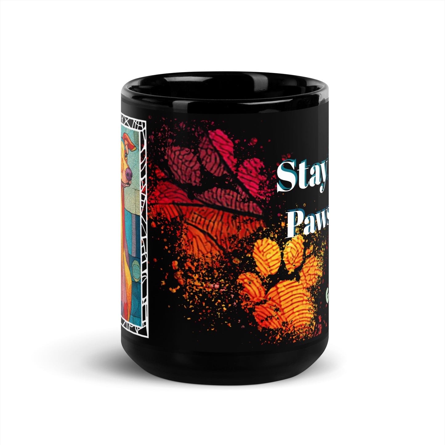 Stay Pawsitive text with image of a Greyhound dog on stained glass style background with colorful paw prints on a black ceramic mug 15 oz — front view