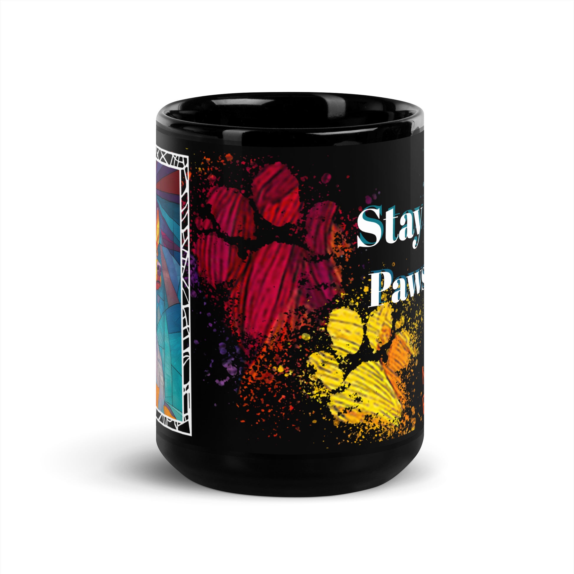 Stay Pawsitive text with image of a Miniature Pinscher dog on stained glass style background with colorful paw prints on a black ceramic mug 15 oz — front view