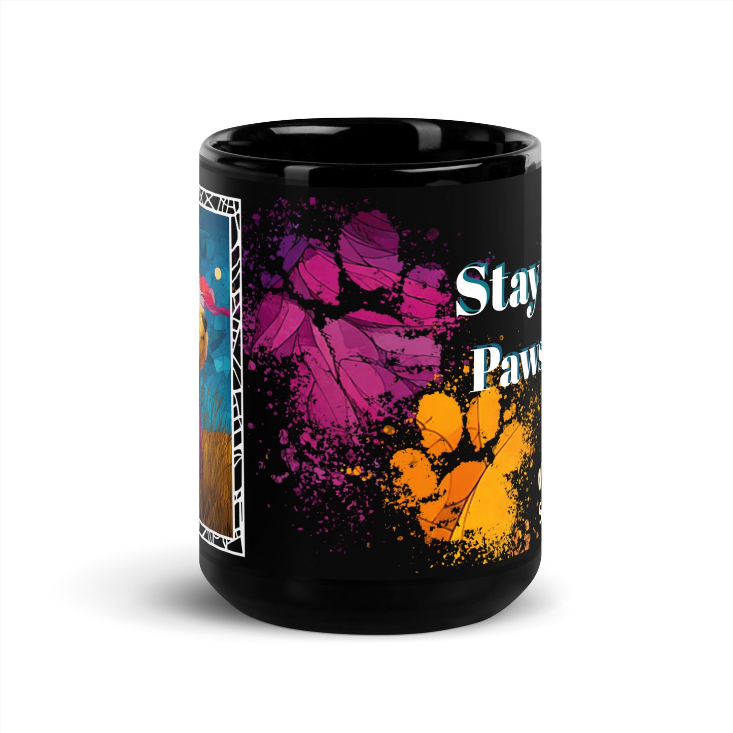 Stay Pawsitive text with image of a Old English Sheepdog dog on stained glass style background with colorful paw prints on a black ceramic mug 15 oz — front view