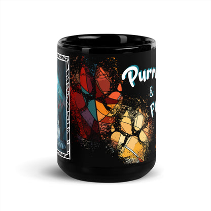 Purrr & Pour text with image of an American Shorthair cat on stained glass style background with colorful paw prints on a black ceramic mug 15 oz — front view