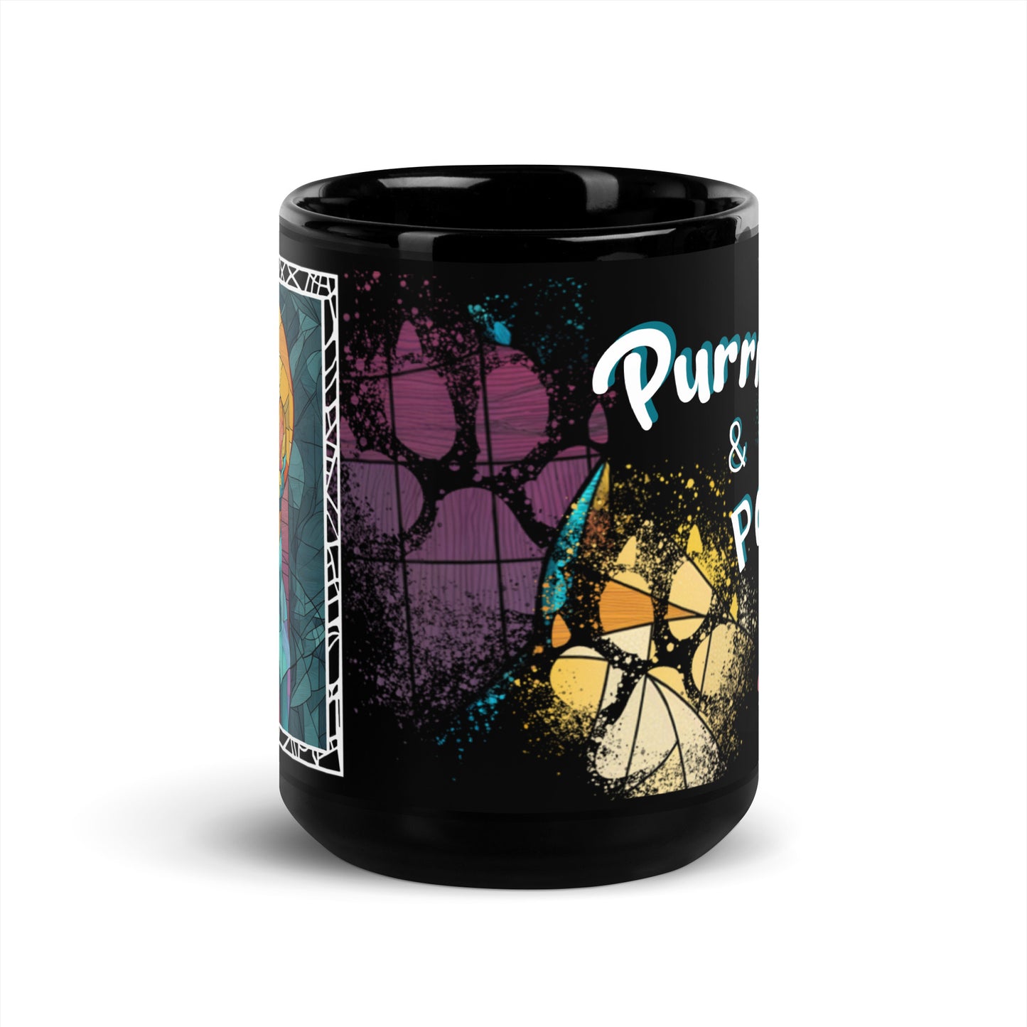 Purrr & Pour text with image of a Sphynx cat on stained glass style background with colorful paw prints on a black ceramic mug 15 oz — front view