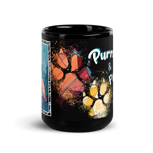 Purrr & Pour text with image of a Siamese cat on stained glass style background with colorful paw prints on a black ceramic mug 15 oz — front view