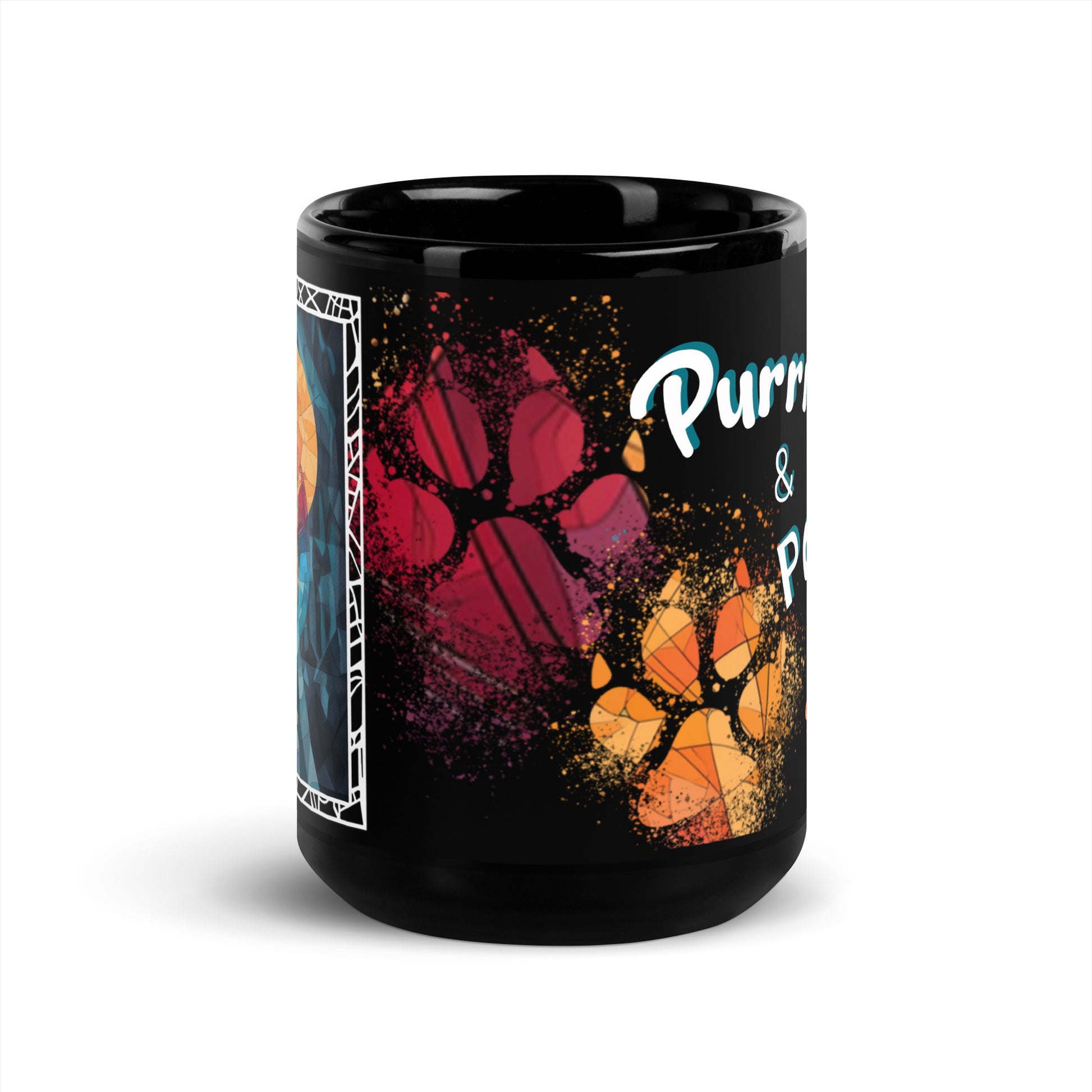 Purrr & Pour text with image of a Scottish Fold cat on stained glass style background with colorful paw prints on a black ceramic mug 15 oz — front view
