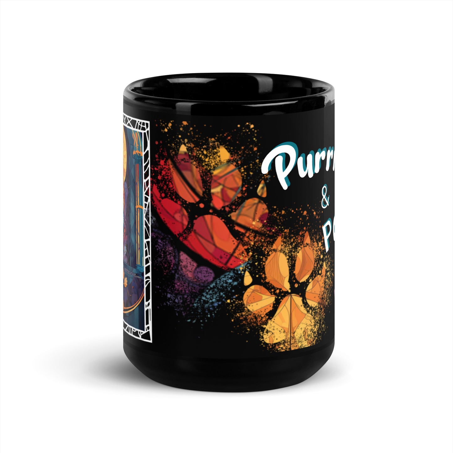 Purrr & Pour text with image of a Russian Blue cat on stained glass style background with colorful paw prints on a black ceramic mug 15 oz — front view