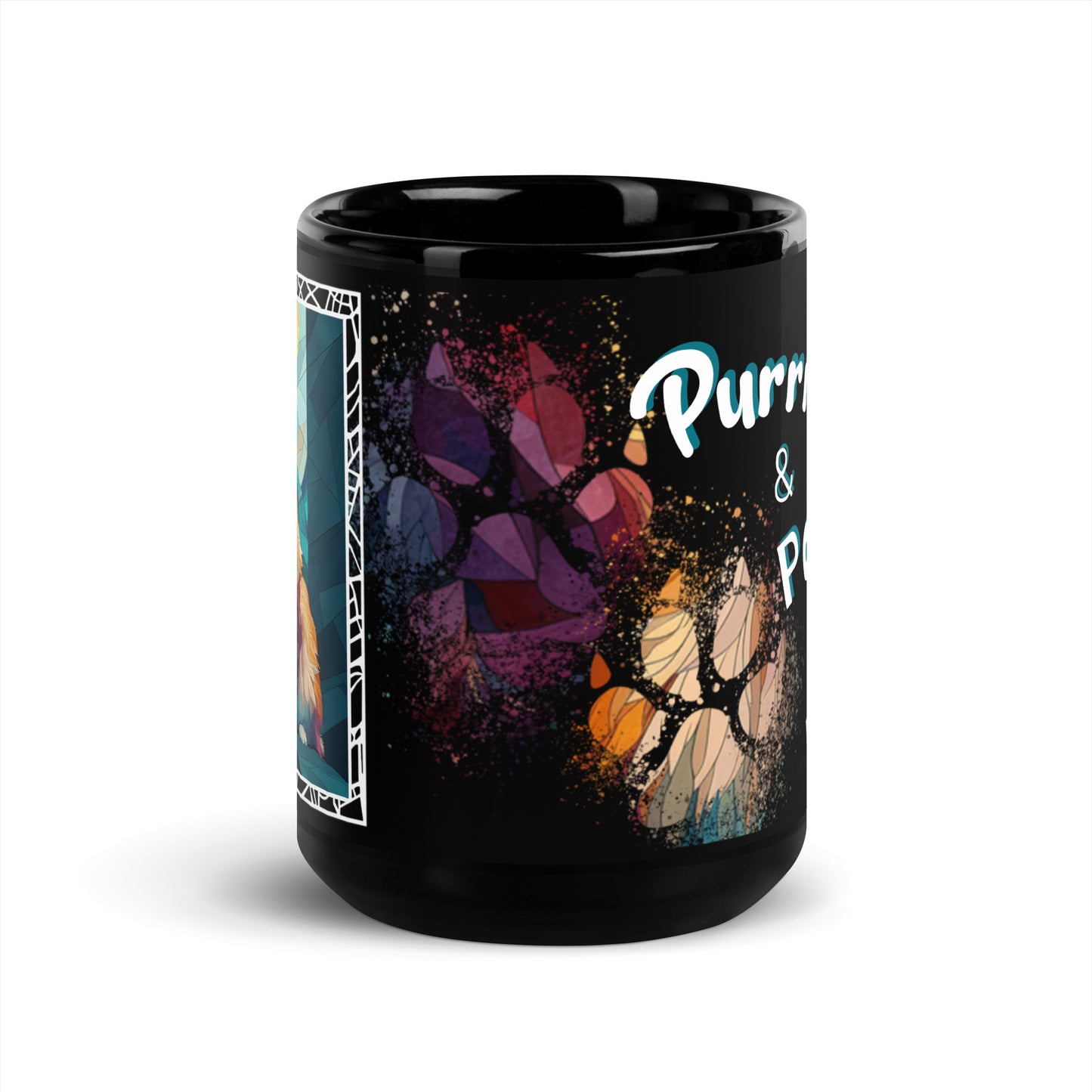 Purrr & Pour text with image of a Ragdoll  cat on stained glass style background with colorful paw prints on a black ceramic mug 15 oz — front view