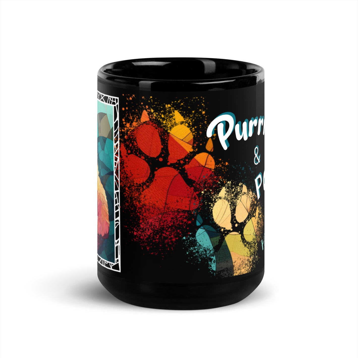 Purrr & Pour text with image of a Himalayan cat on stained glass style background with colorful paw prints on a black ceramic mug 15 oz — front view