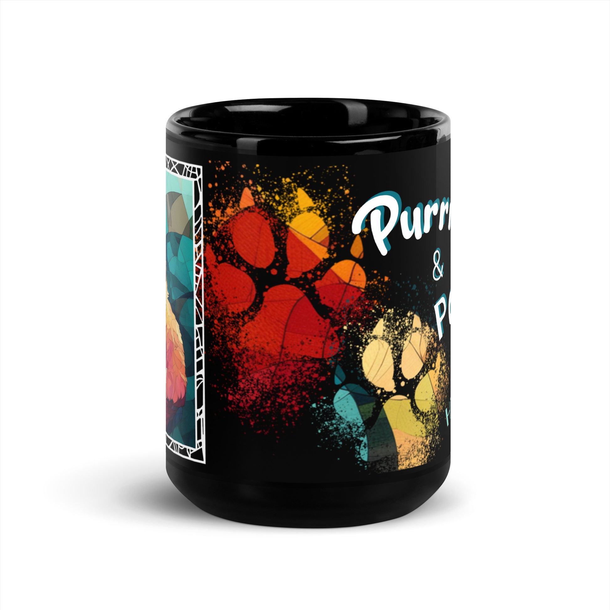 Purrr & Pour text with image of a Himalayan cat on stained glass style background with colorful paw prints on a black ceramic mug 15 oz — front view