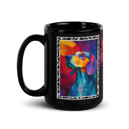 Stay Pawsitive text with image of a Beagle dog on stained glass style background with colorful paw prints on a black ceramic mug 15 oz — handle on left