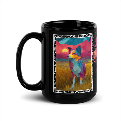Stay Pawsitive text with image of a Border Collie dog on stained glass style background with colorful paw prints on a black ceramic mug 15 oz — handle on left