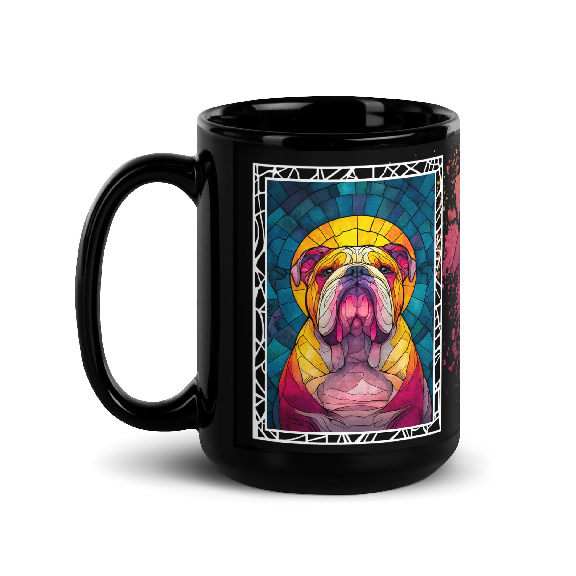 Stay Pawsitive text with image of a Bulldog on stained glass style background with colorful paw prints on a black ceramic mug 15 oz — handle on left