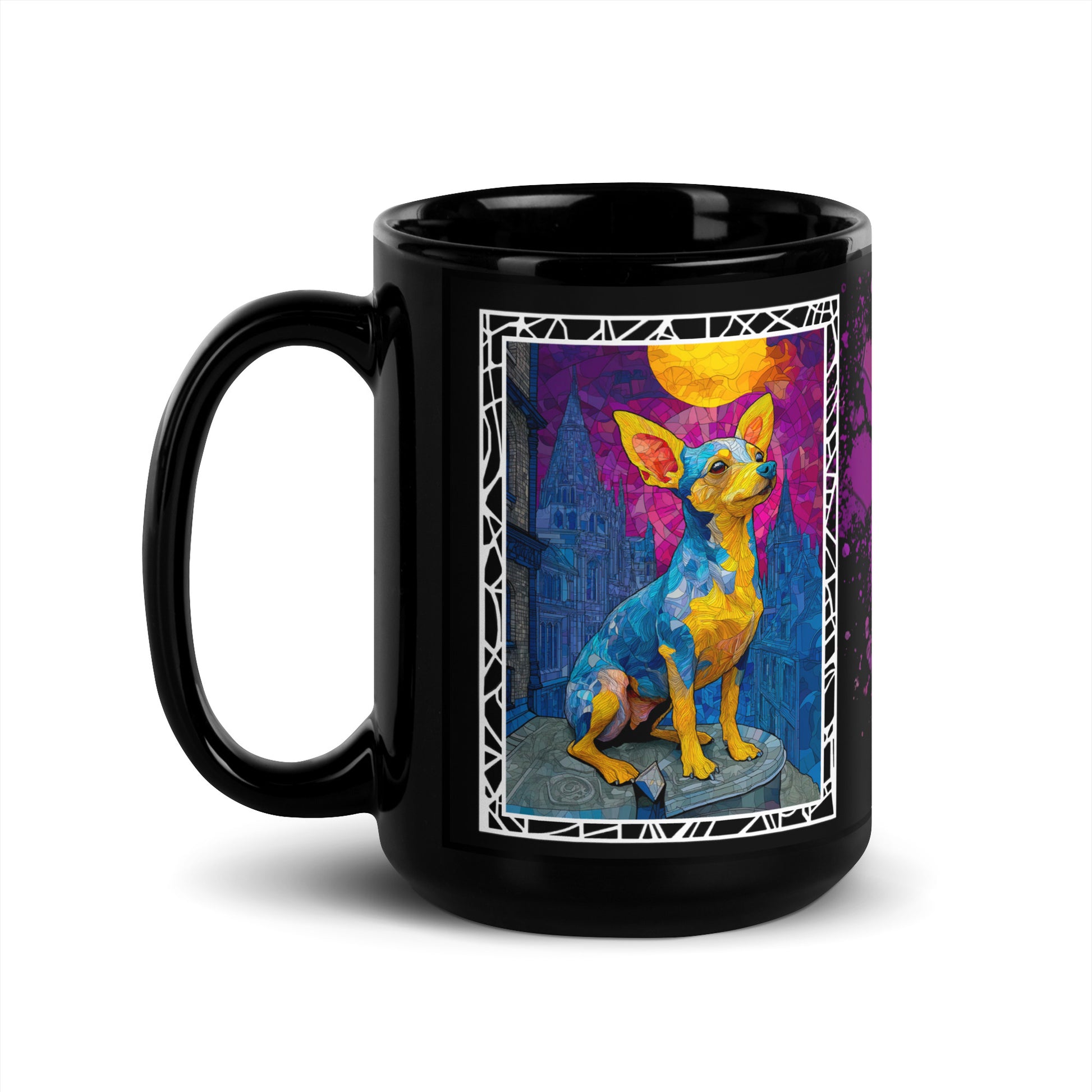 Stay Pawsitive text with image of a Chihuahua dog on stained glass style background with colorful paw prints on a black ceramic mug 15 oz — handle on left