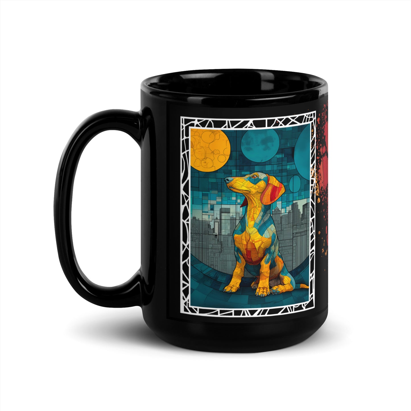 Stay Pawsitive text with image of a Dachshund dog on stained glass style background with colorful paw prints on a black ceramic mug 15 oz — handle on left